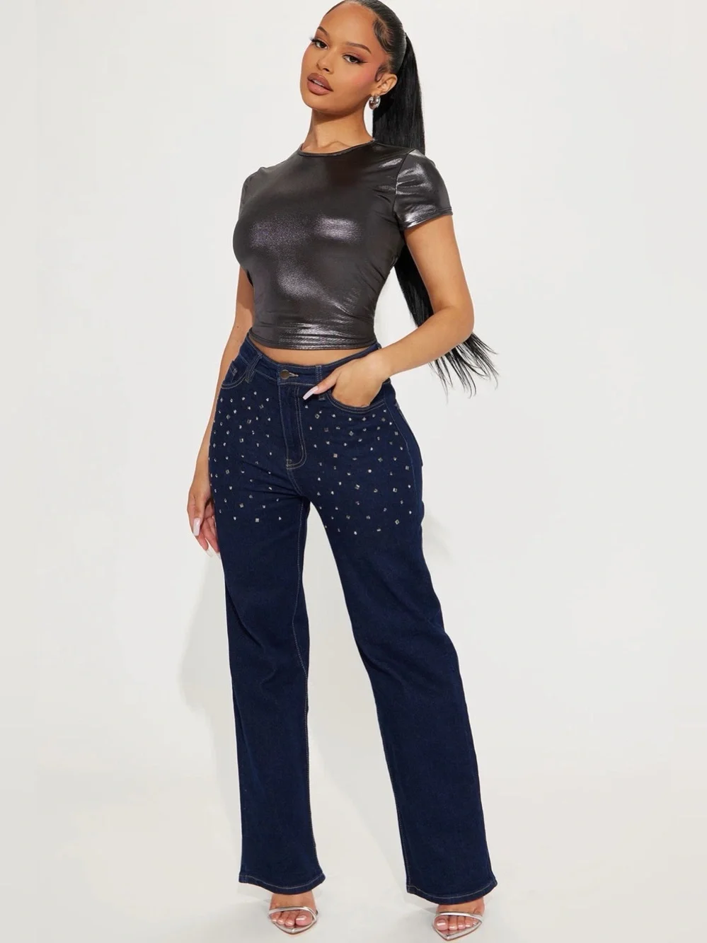 Fashion Nova Sparkle and Shine Straight Leg Jeans - Dark Wash